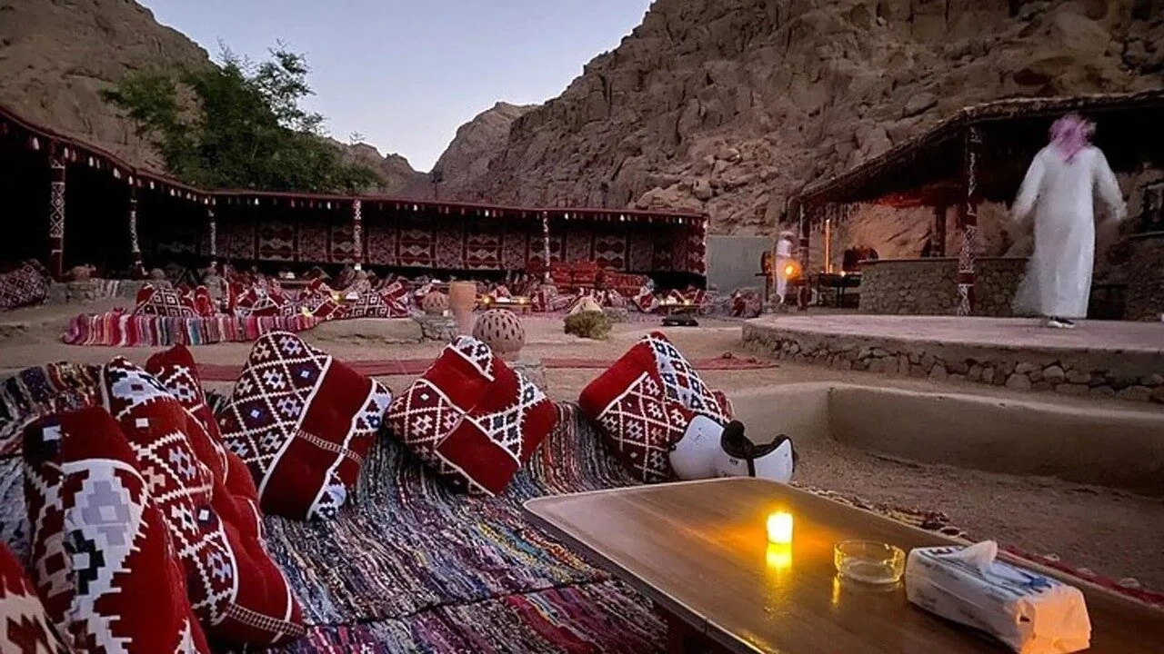 Close-up of two seated camels wearing patterned blankets, with rocky mountains in the background.
