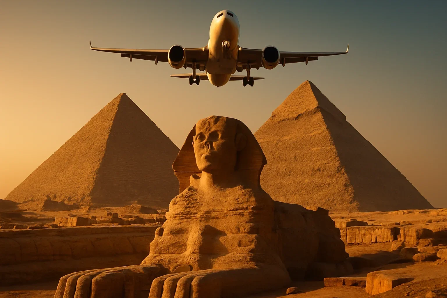 A digitally composited image showing a large passenger jet flying directly over the Sphinx and pyramids at sunset.