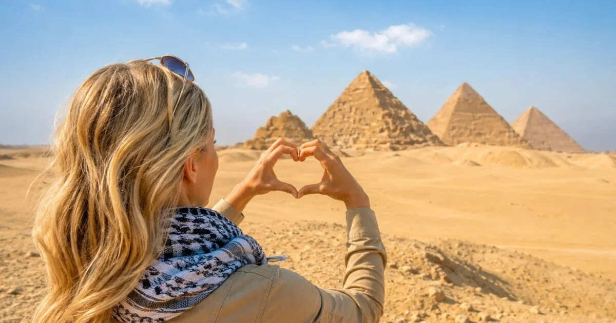 A woman forms a heart shape with her hands, framing the distant Giza pyramids in the gap between her fingers.
