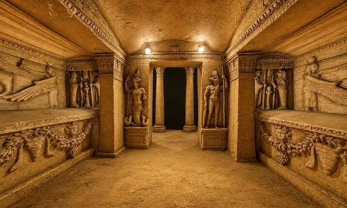 A carved burial chamber inside the catacombs shows Egyptian-style statues in Roman dress flanking a doorway, with decorated stone couches on either side.
