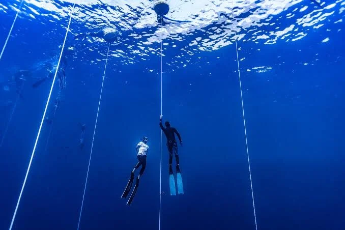 Two freedivers ascend a mooring line side by side, seen from below against the sunlit surface.