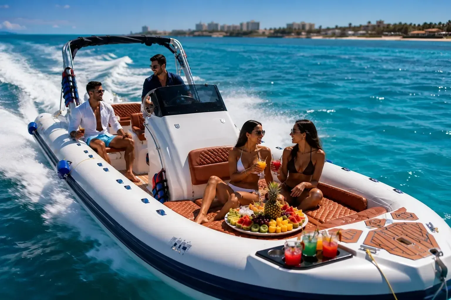 Group of friends relaxing aboard a rigid inflatable speedboat with a fruit platter and colorful cocktails, coastline visible behind.