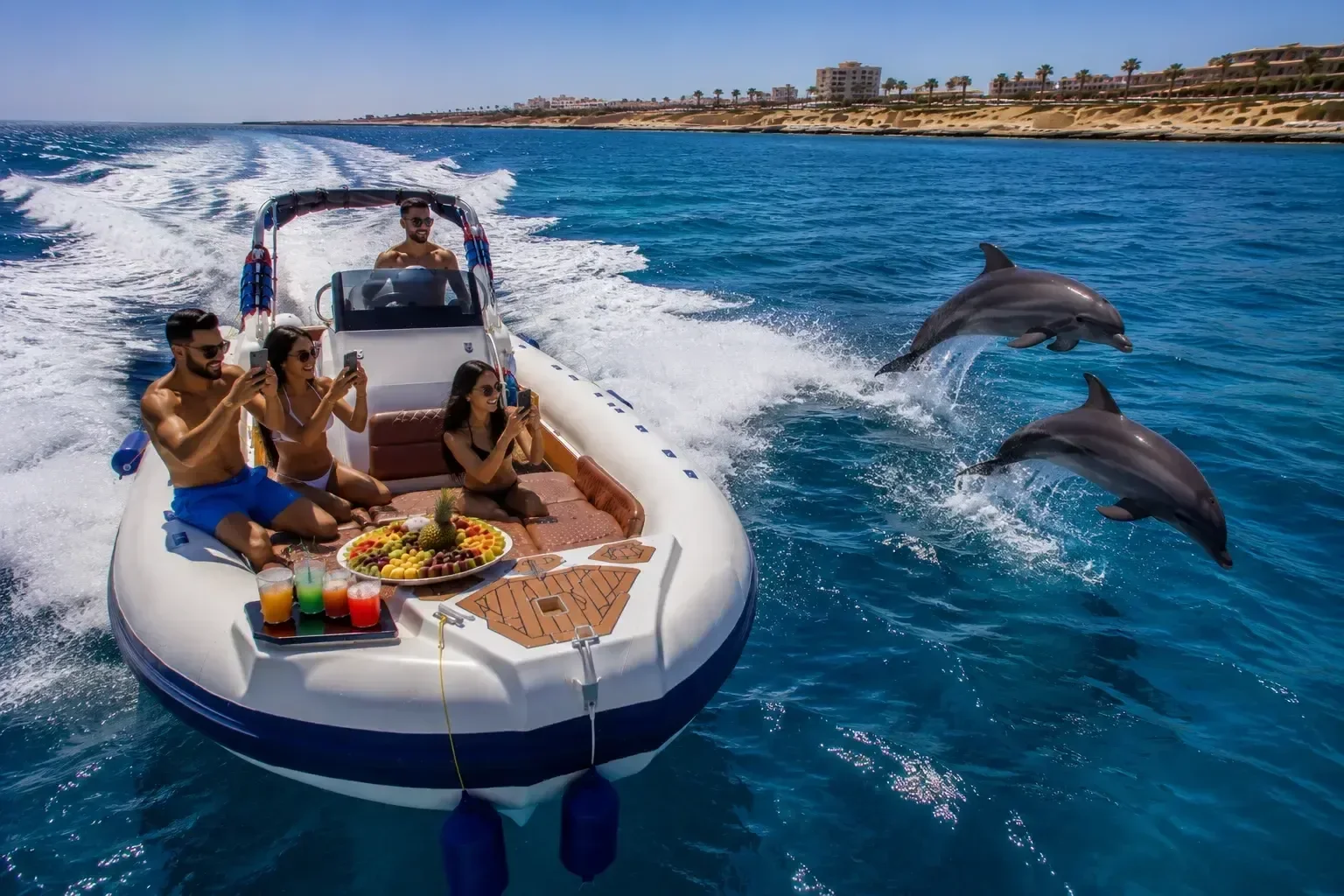 Speedboat racing along the coast with two dolphins leaping alongside while passengers photograph them.
