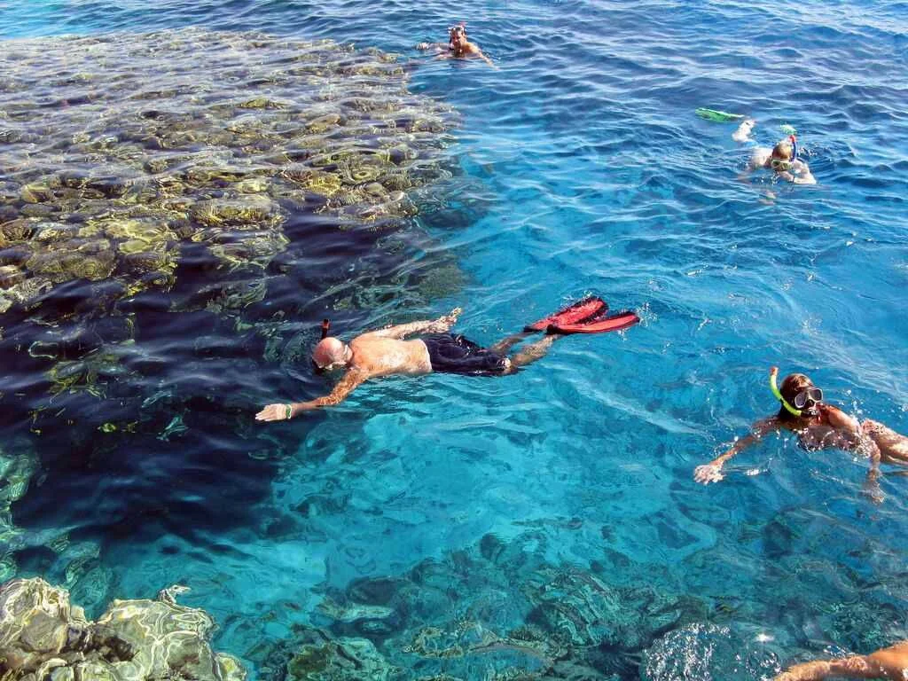 Group of snorkelers swimming over a shallow coral reef in clear turquoise water.