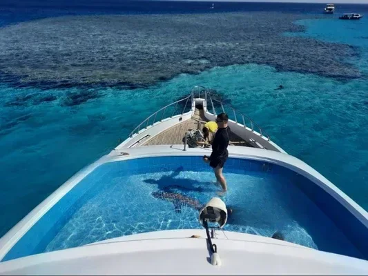 View from a yacht's bow-mounted pool looking toward a man about to jump into clear turquoise reef water.