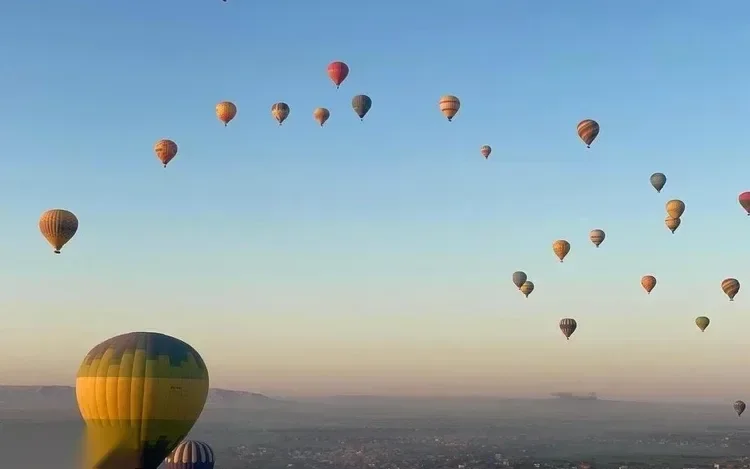 Dozens of hot air balloons are scattered across the sky over Luxor's West Bank at sunrise, with farmland visible below.
