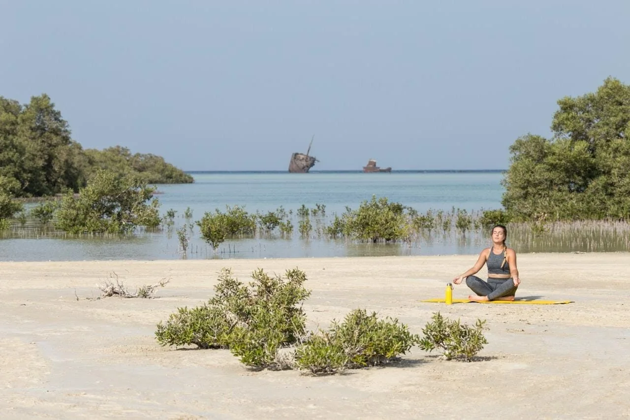 A woman meditates cross-legged on a yoga mat on a sandy mangrove shoreline, with a shipwreck visible offshore.