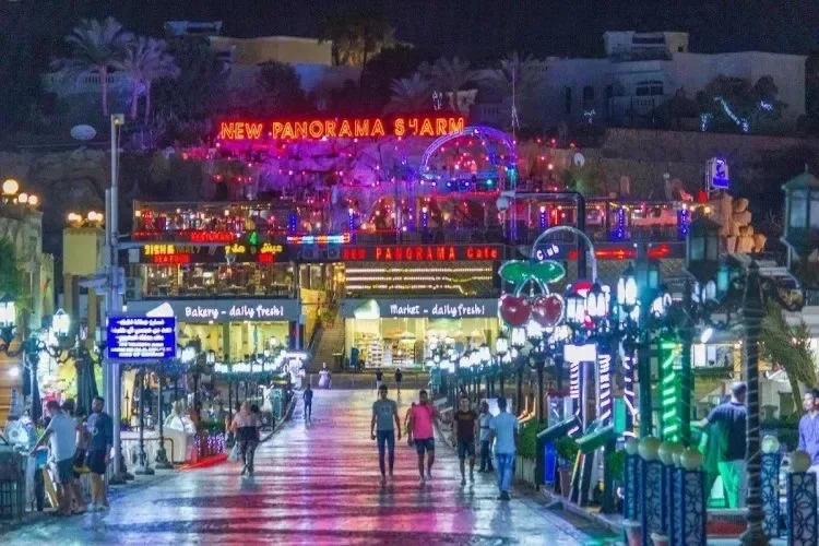 A pedestrian promenade with a blue wave pattern set into pink stone paving, lined with lampposts, benches, and shops in daylight.