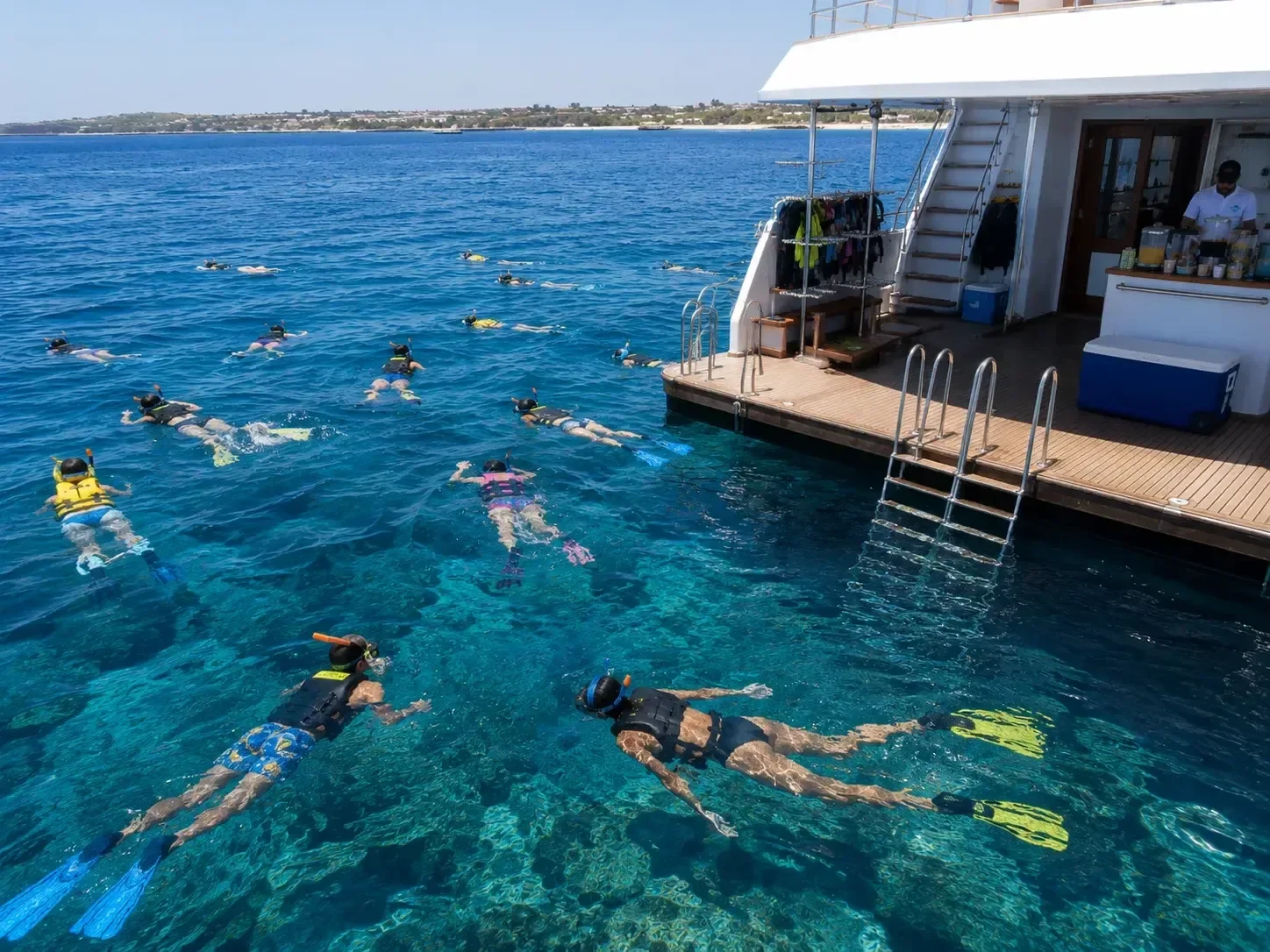 Overhead view of snorkelers in life jackets swimming near a boat's swim platform, with a crew member preparing drinks on deck.