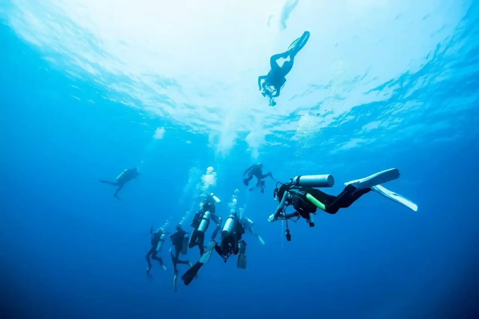 Instructor kneeling on a sandy seabed giving briefing hand signals to three student divers gathered around him underwater.