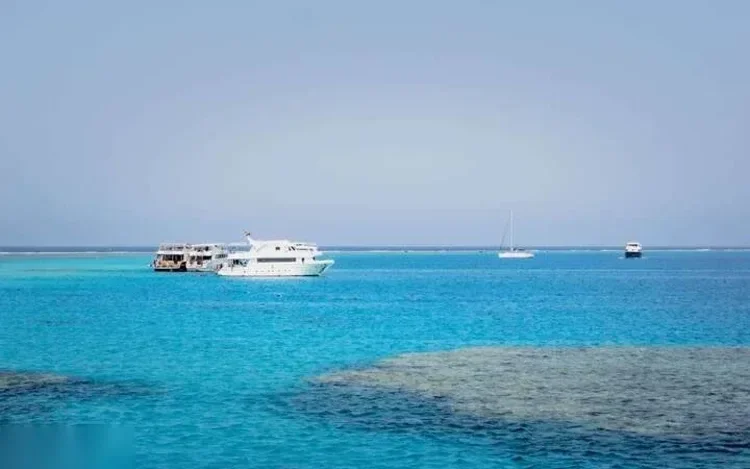 Several tour boats and a sailboat are anchored over a shallow turquoise reef.