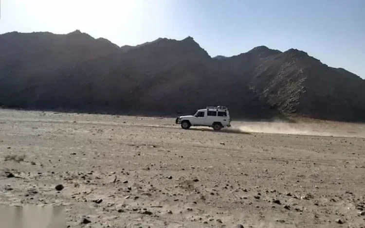 A white 4x4 vehicle driving fast across an open desert plain, kicking up dust, with mountains behind.
