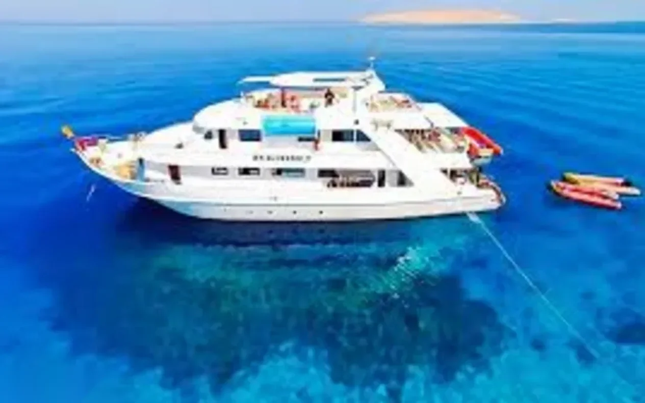 A large three-deck white dive boat anchored in open blue water, with inflatable tenders and equipment stored on the swim deck.