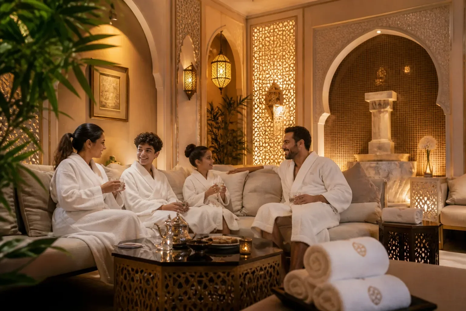 Family of four in white robes sitting together on a couch in an ornate Moroccan-style spa lounge with archways, lanterns, and a marble fountain