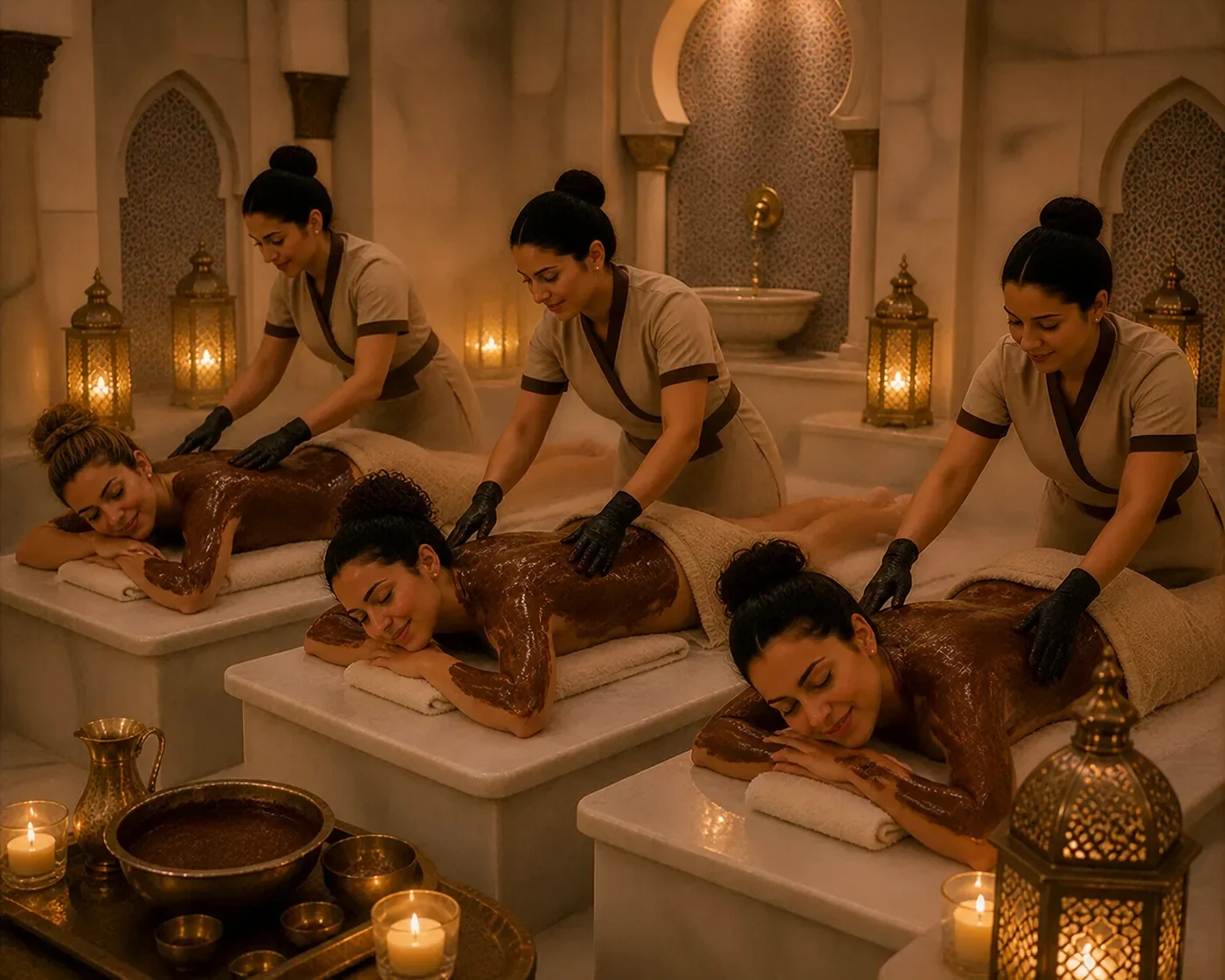 Three women lying face down on marble tables having chocolate body wraps applied by spa therapists in a lantern-lit hammam room